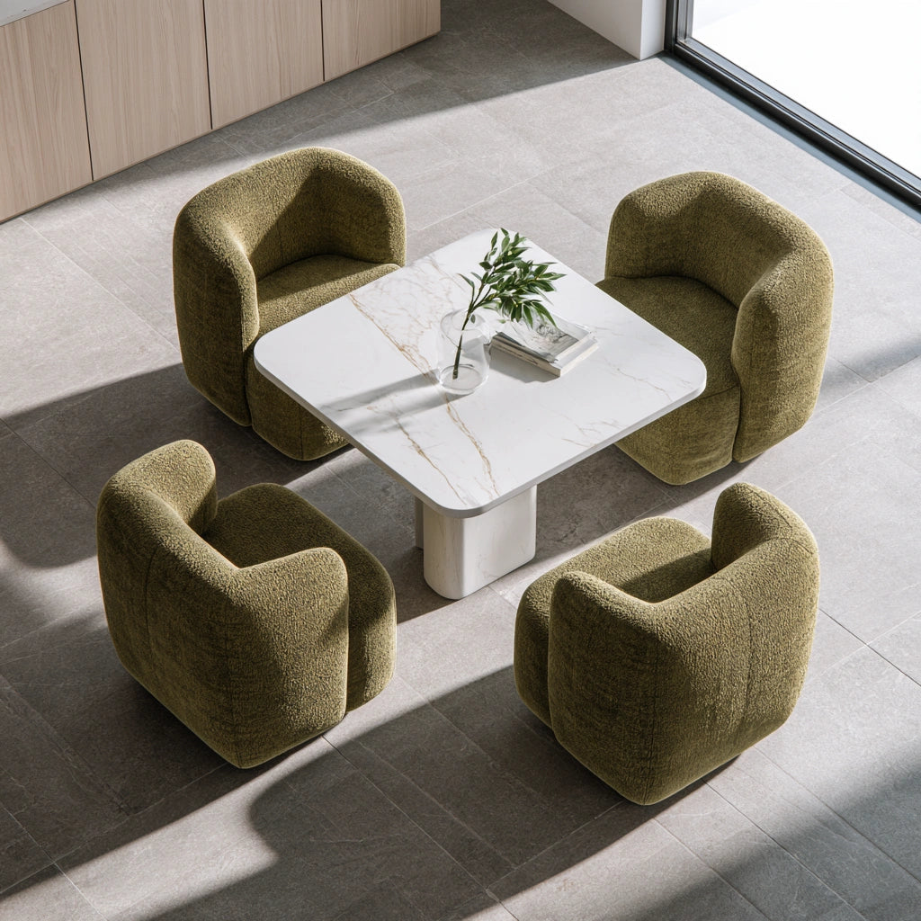Ensemble repas table et quatre chaises aux lignes épurées, coloris gris
